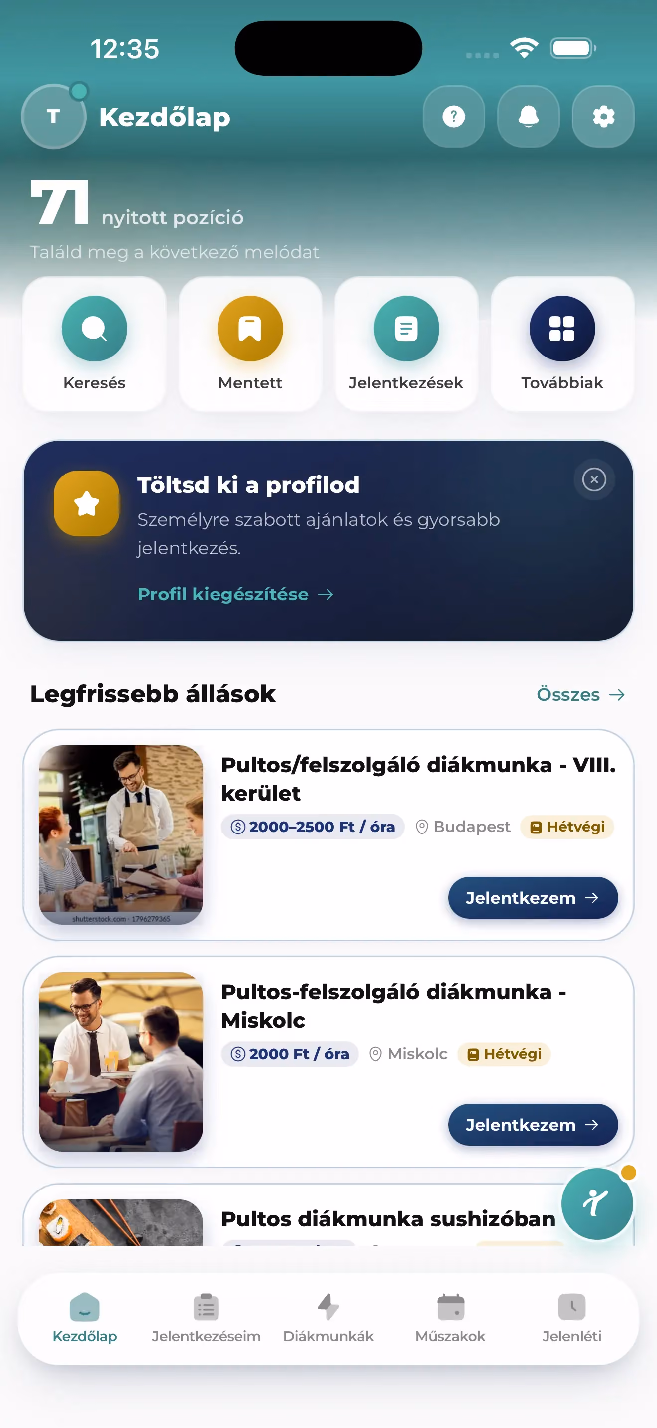 TudatOS Diákmunka app kezdőlap