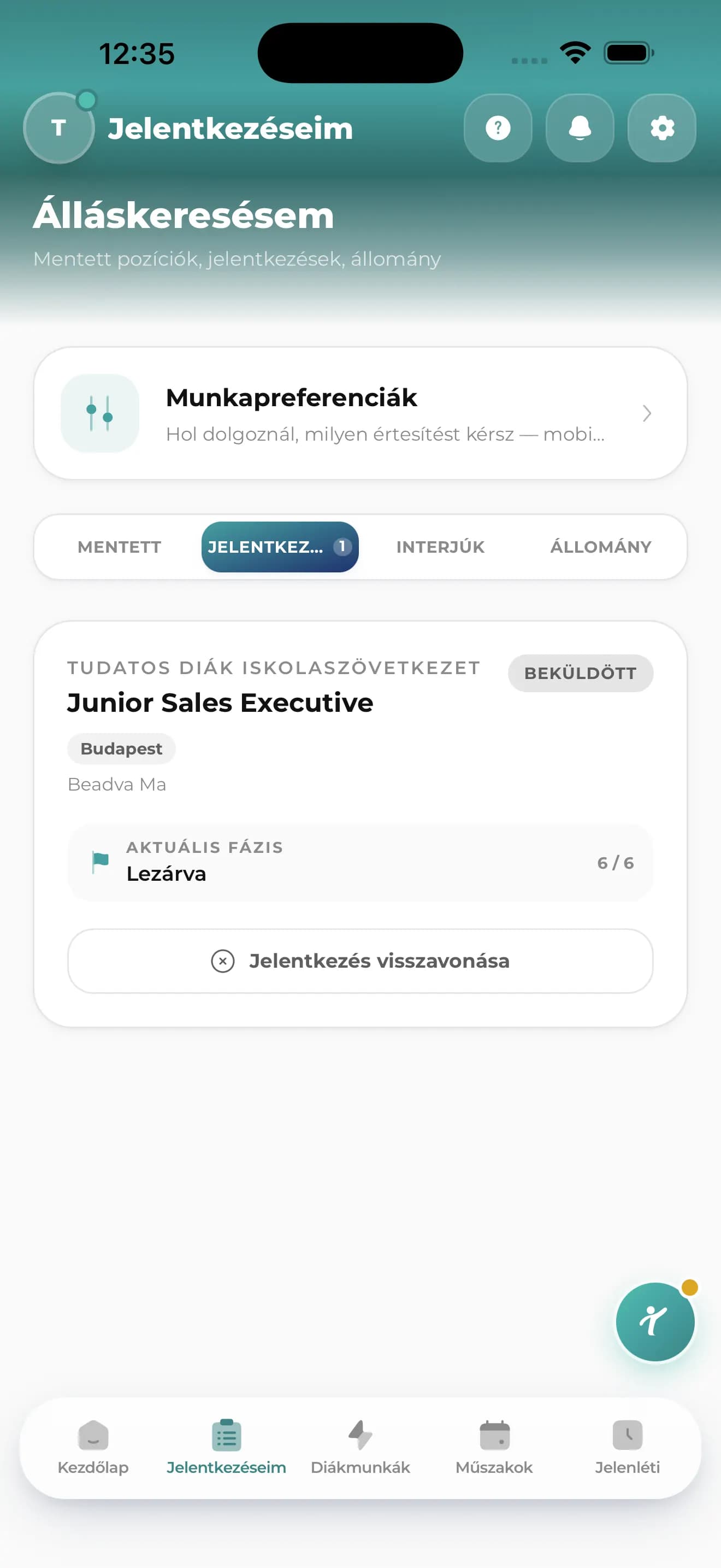 TudatOS Diákmunka app jelentkezéseim nézet