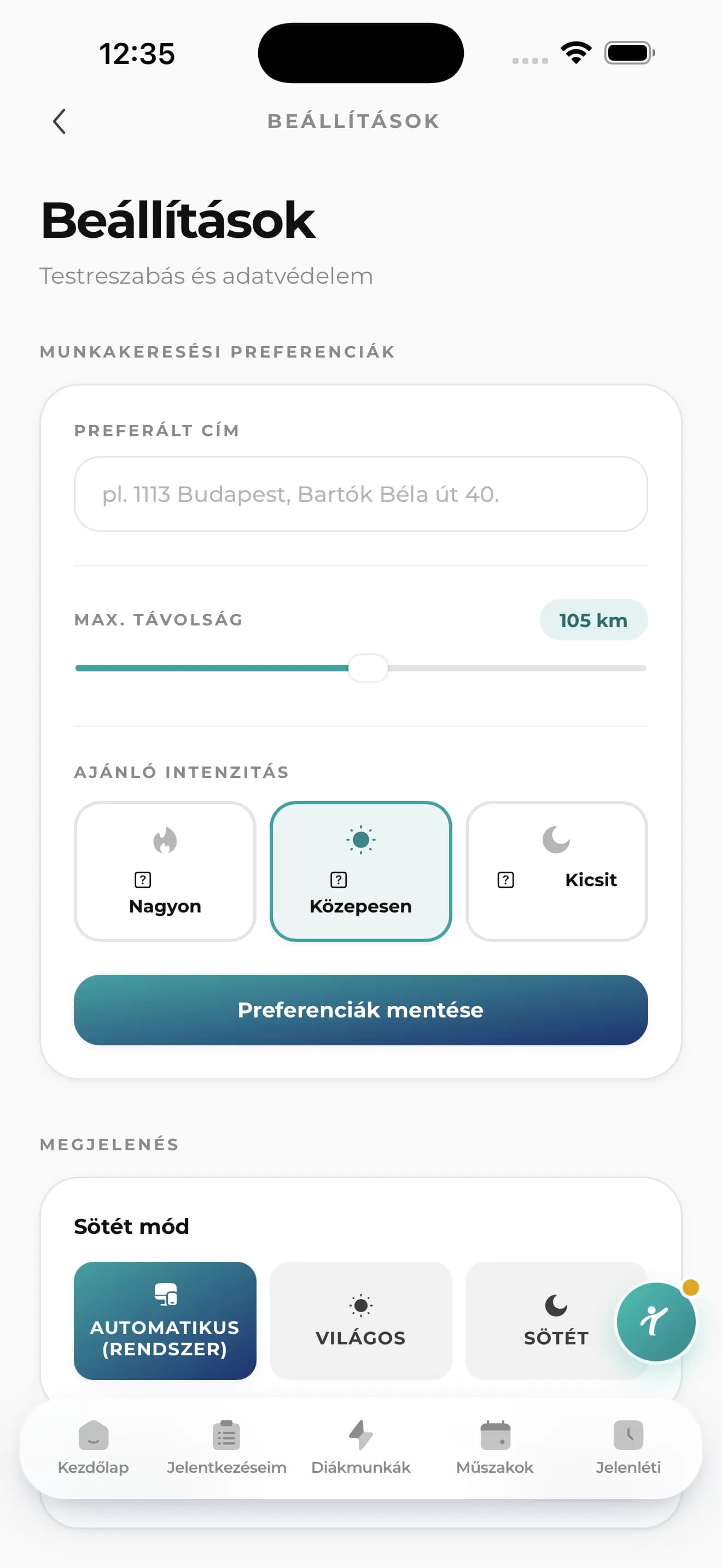 TudatOS Diákmunka app beállítások képernyő