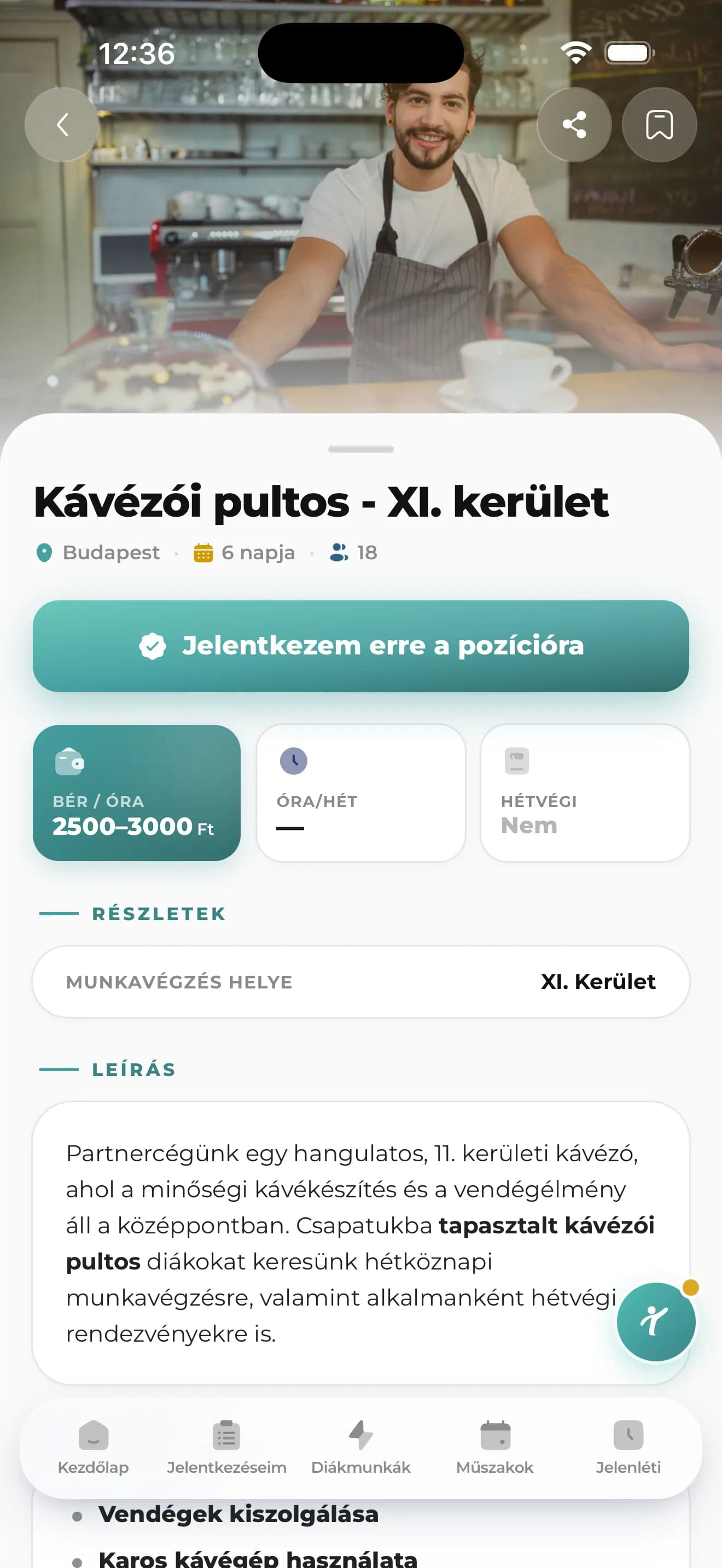 TudatOS Diákmunka app állás részletek oldal