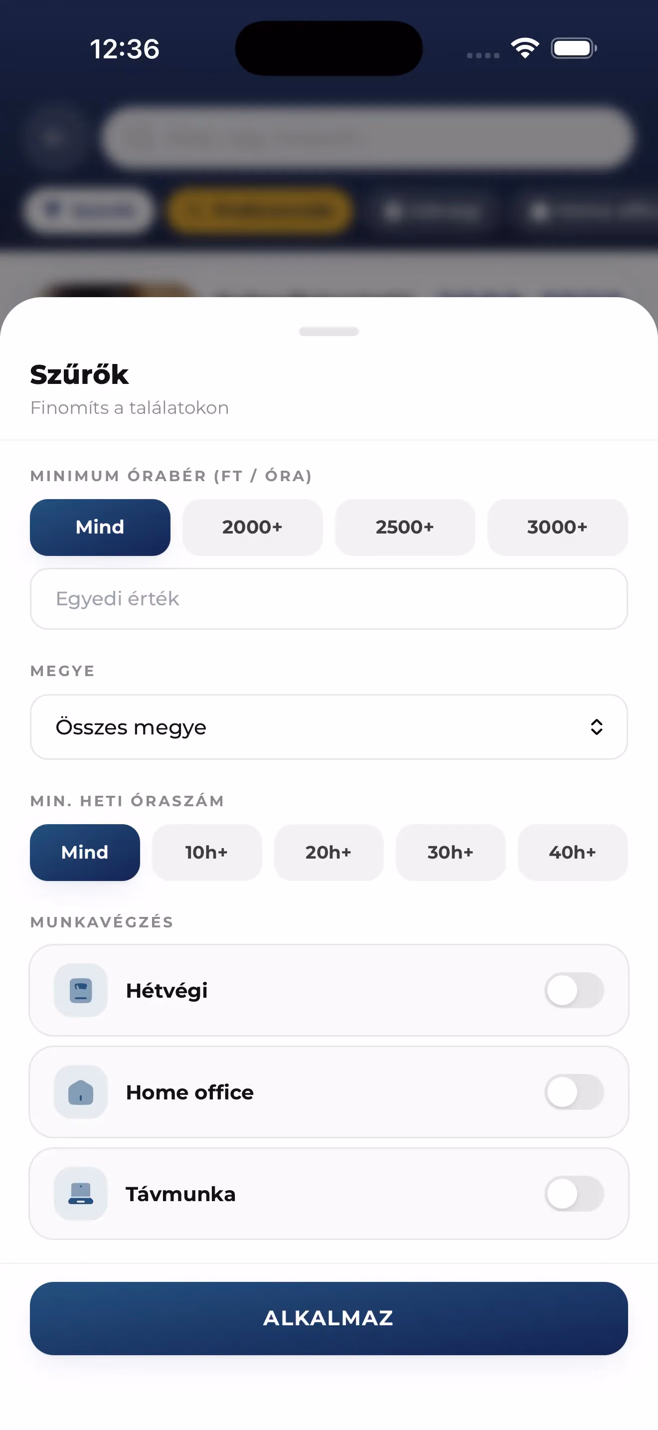 TudatOS Diákmunka app szűrők panel