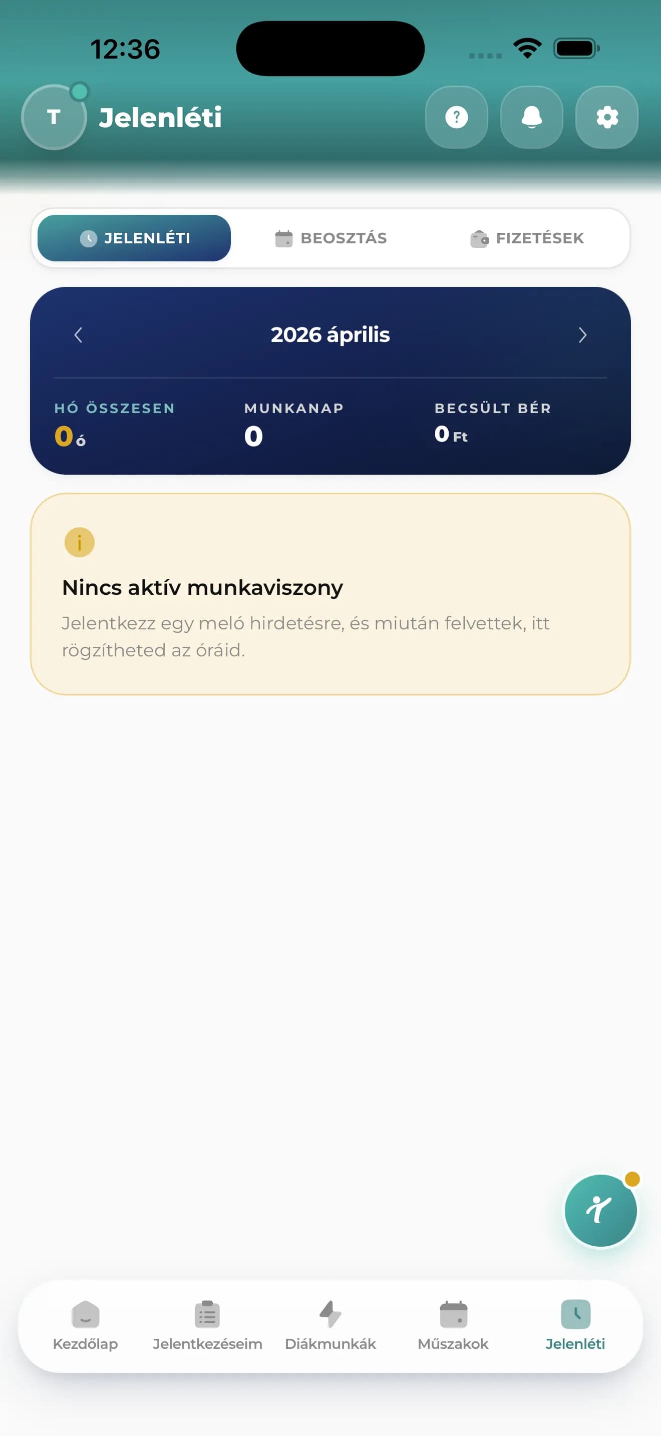 TudatOS Diákmunka app jelenléti ív képernyő