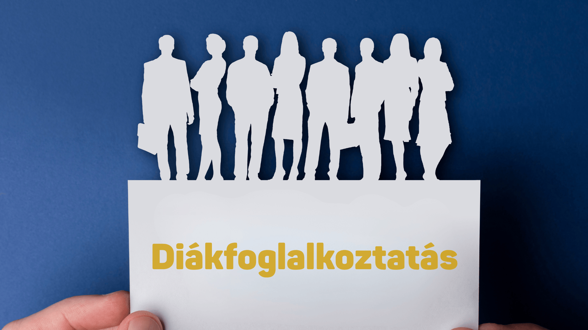 A képen üzleti öltözetű fiatalokat ábrázoló sziluettek jelennek meg, utalva a diákfoglalkoztatás lehetőségeire a vállalati környezetben.