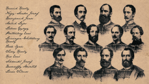 Az Aradi vértanúk emlékét idéző történelmi ábrázolás, amelyen a tizenhárom honvédtiszt portréja és neve látható, akik 1849. október 6-án a magyar szabadságért áldozták életüket.