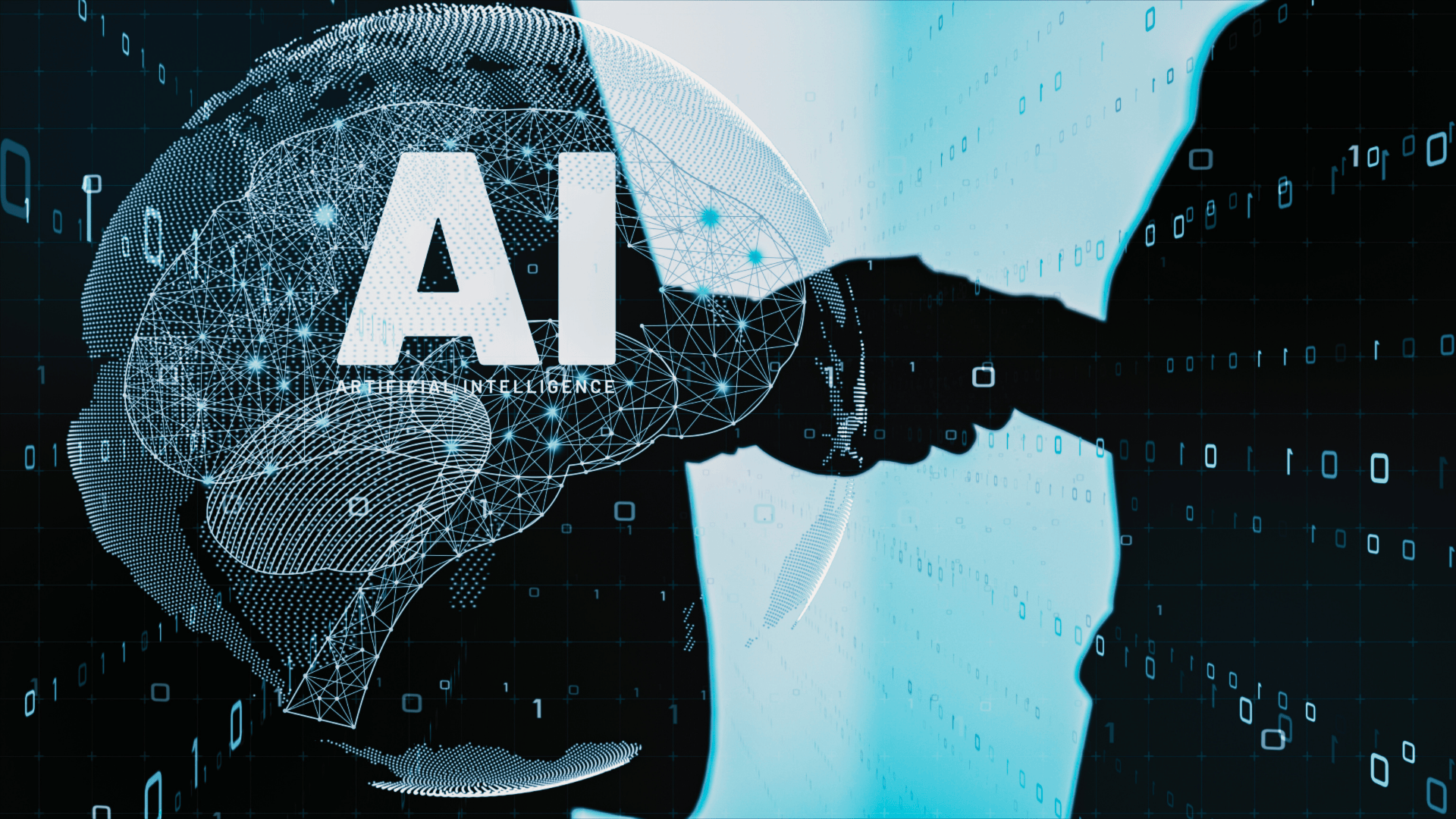 Kézfogás egy ember és egy mesterséges intelligenciát szimbolizáló digitális alak között, amely a diákok és az AI együttműködését jelképezi a modern oktatásban.