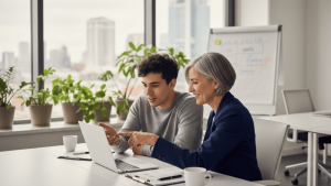A képen egy tapasztalt vezető mentorál egy diák munkatársat, ami kulcsfontosságú stratégia a vállalati fluktuáció csökkentésében és a diákfoglalkoztatás sikerességében.