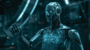 Futurisztikus robot digitális adatokat elemez, szemléltetve a mesterséges intelligencia és a HR technológiai kapcsolatát a modern munkahelyen.